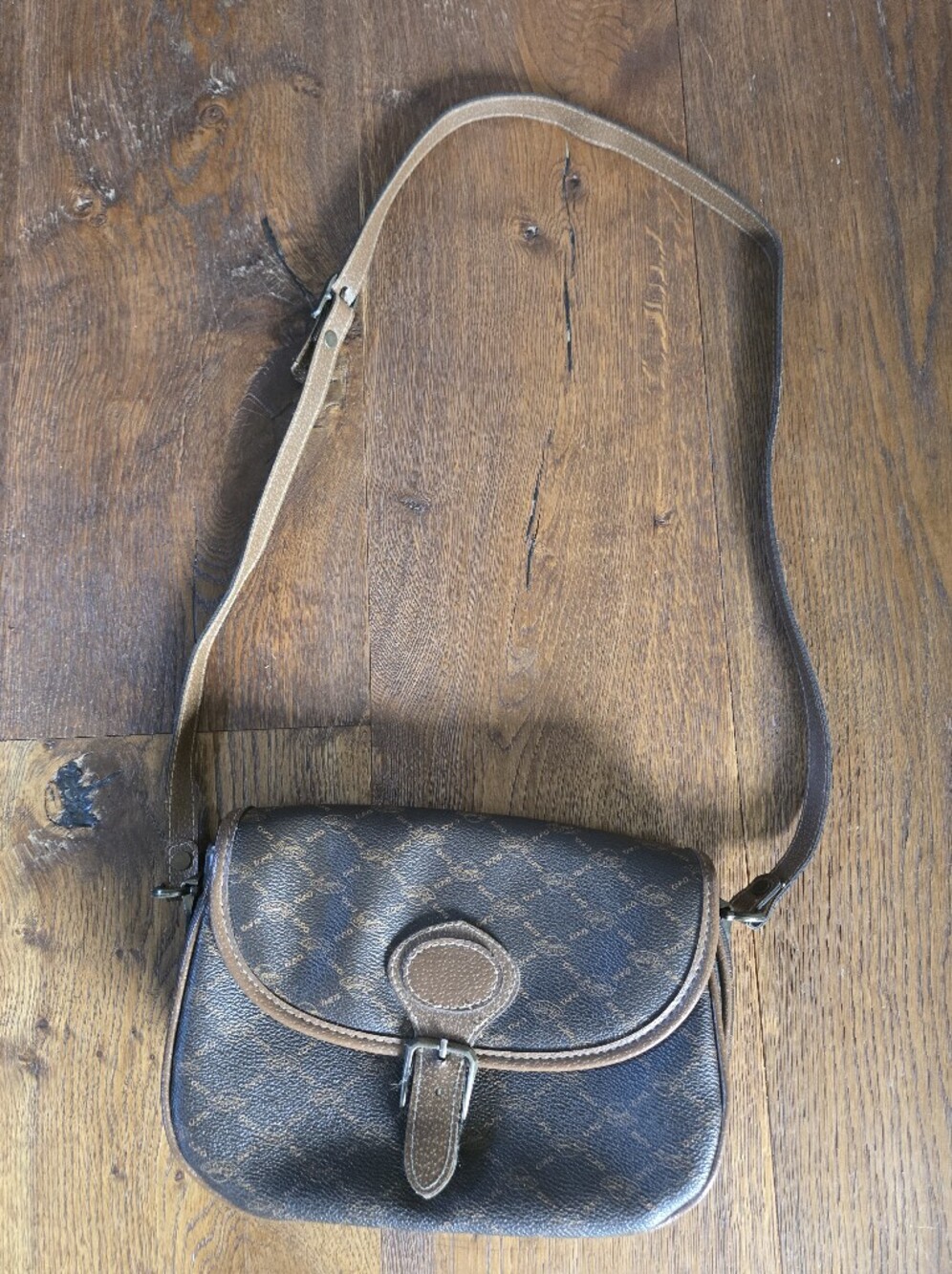 Brown Patterned Crossbody Bag with Contrast Trim